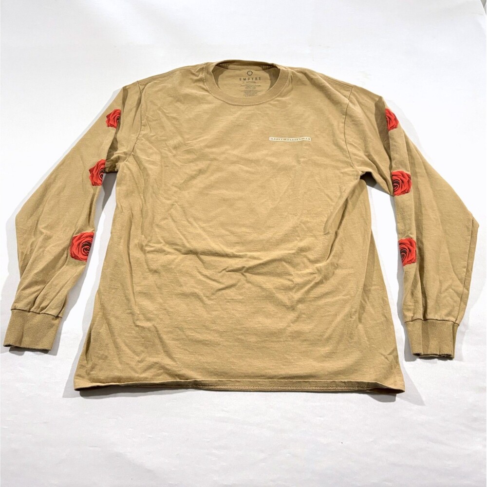 Empyre Surplus Co Men Sz L Tan Shirt Long Sleeve Crew Neck Roses 1999 Graphic
